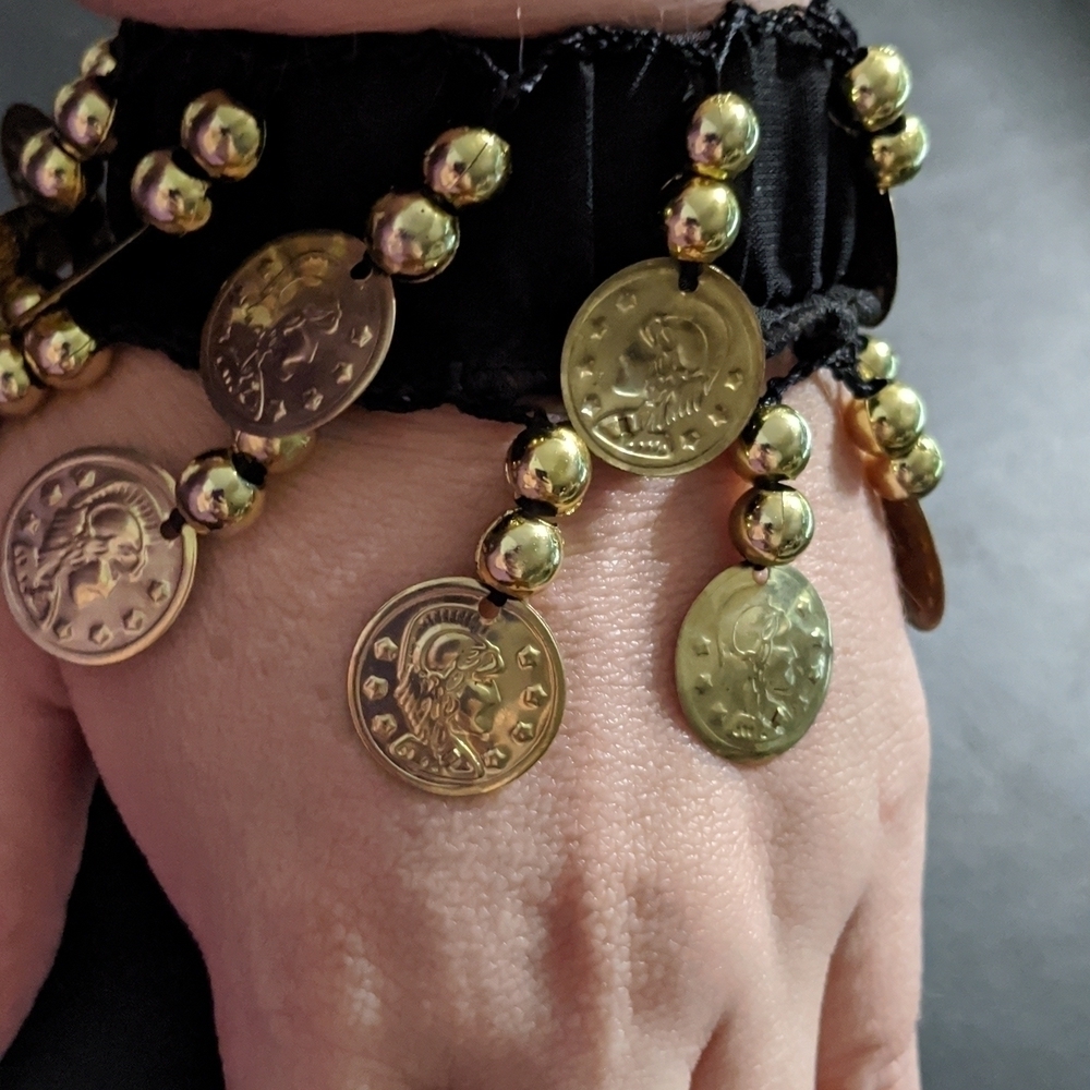 Black Fabric and Gold Tone Coin Stretchy Statement Bracelet